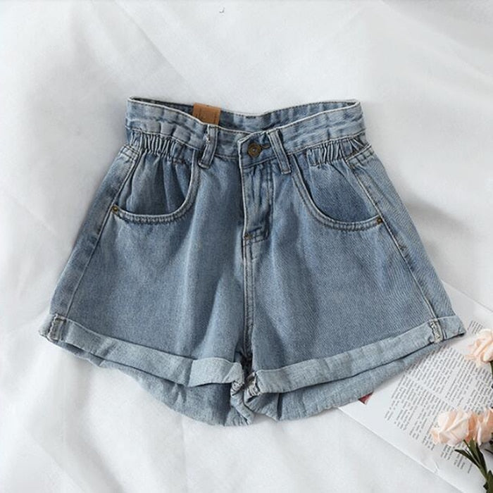 BerryBetty - New Summer High Waist Denim Shorts Women Casual Loose Ladies Fashion Plus Size Elastic Waist Wide Leg Short Jeans Female
