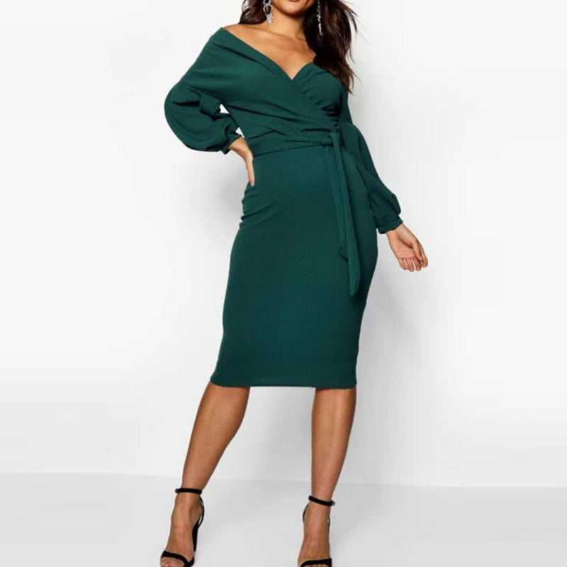 BerryBetty - Spring Sexy Deep V Neck Ladies Bodycon Dress Elegant Women Solid Lantern Sleeve Sashes Party Dress Casual Female Vestidos