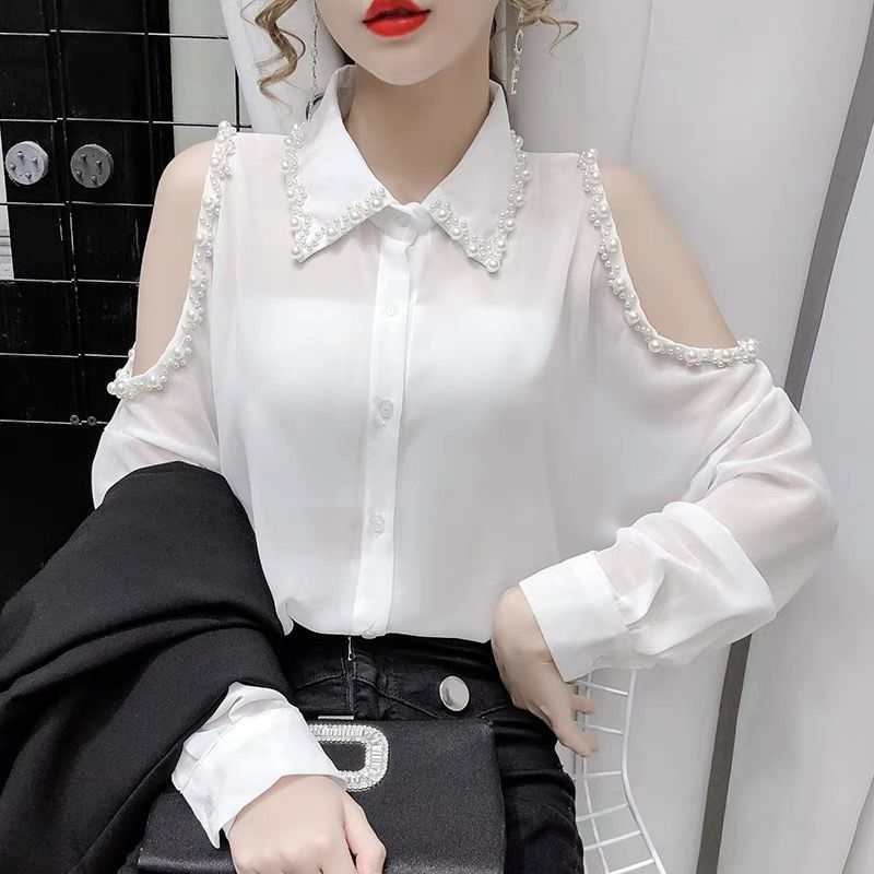 BerryBetty - Beading Women's Elegant Blouse Office Outfits Feminine Shirts Off The Shoulder Long Sleeve Top Korean Fashion Designer New