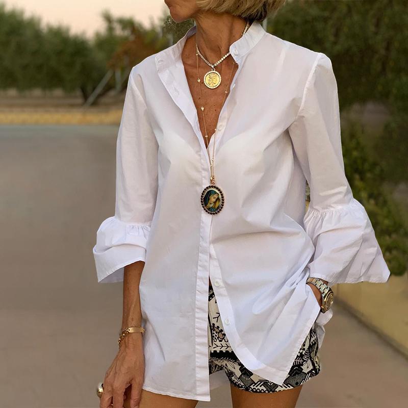 BerryBetty - White Shirts Summer Women Solid Flare Sleeve Shirts Spring Blouse Sexy V Neck Button Up Office Shirt Femininas Blusas