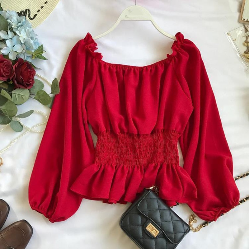 BerryBetty - Youth Elegant Blouse Women Chiffon Fashion Blouse Off Shoulder White Shirt Ruffle Puff Sleeve Top Office wear