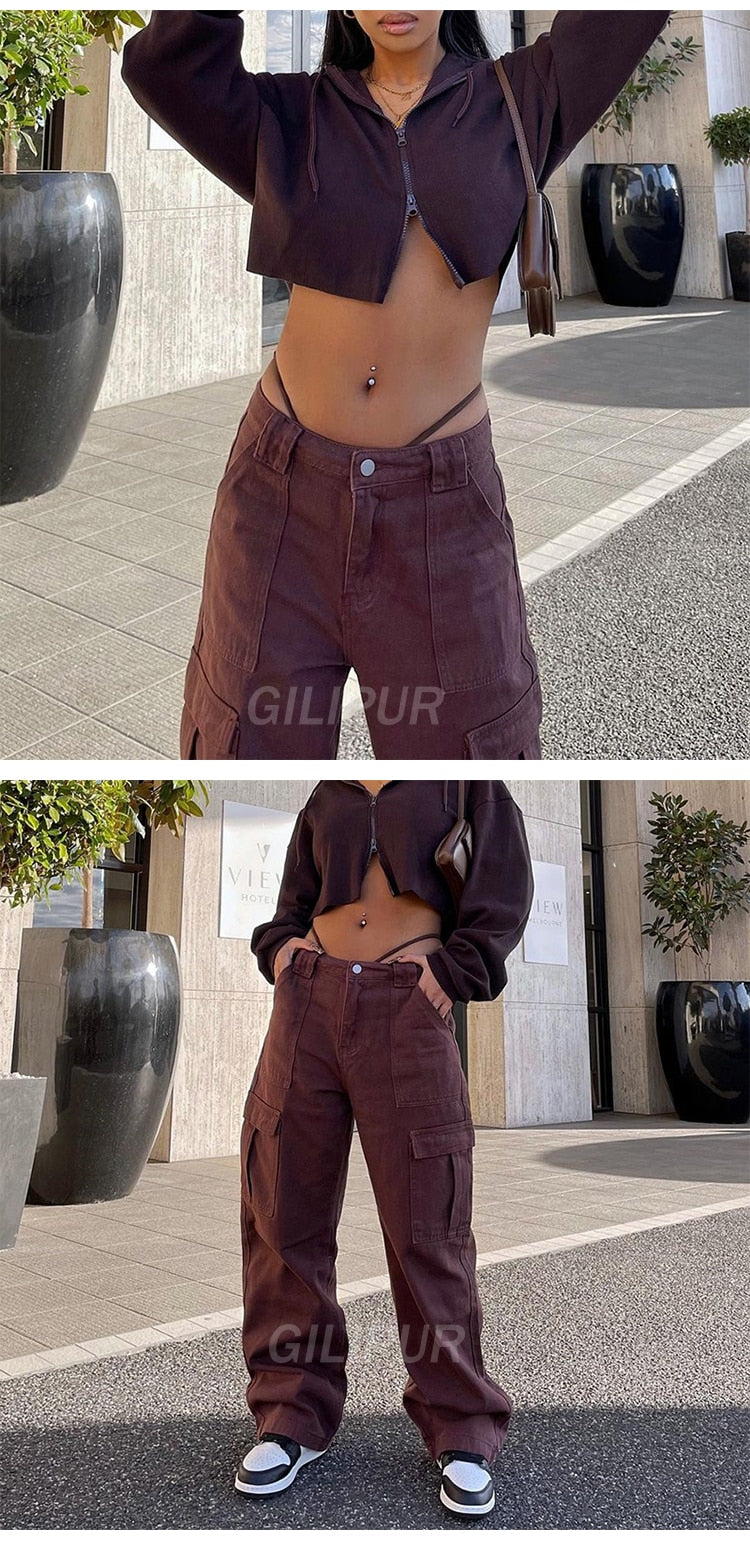 BerryBetty - Y2k Cargo Pants Women's Jeans New Fashion Baggy Jeans Denim Overalls 90s Low Rise Pocket Straight Leg Trousers Streetwear
