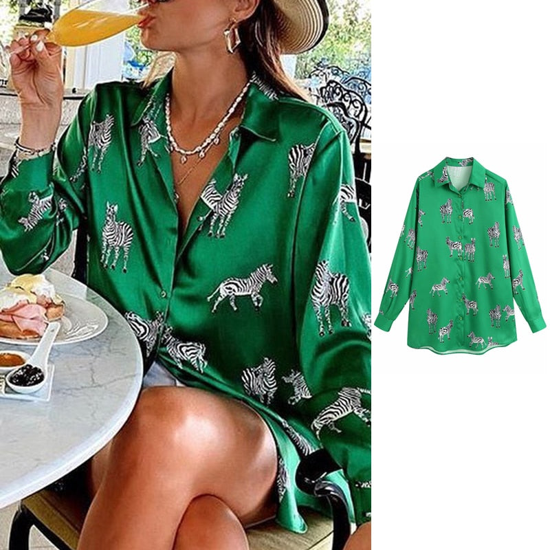 BerryBetty - women satin blouse long sleeve zebra print shirts vintage office ladies tops femme chandails fashion blusa de mujer Chandails