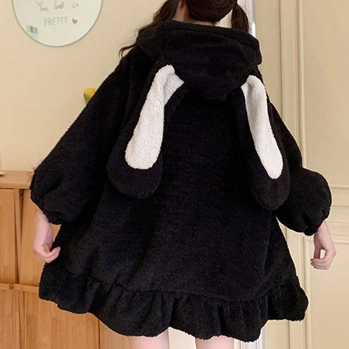 BerryBetty - Rabbit Ears Hoodies Women Zip-up Sweatshirts Coat Long Lantern Sleeve Hooded Lolita Cute Sweet Girls Harajuku Warm Baggy Outfits