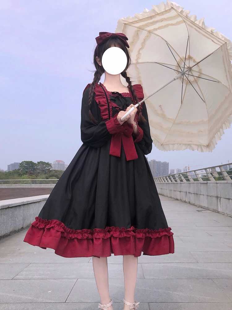 BerryBetty - Japanese Harajuku Gothic Bandage Bow Splice Dress Sweet Lolita Girl Cosplay Dress Kawaii Ruffles Bow Women Party Dress