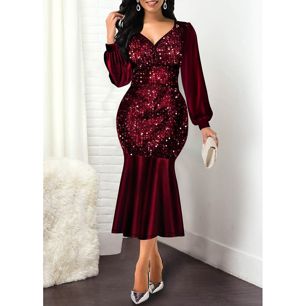 BerryBetty - Women Dress Summer Elegant Sexy V Neck Sequine Evening Wedding Party Dress Plus Size High Waist Bodycon Mermaid Dresses 5XL