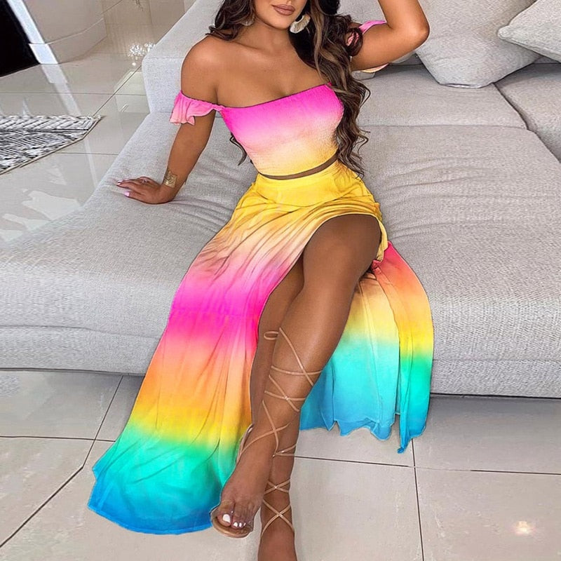 BerryBetty - Off Shoulder Women Two Piece Set Sexy Slash Neck Top and Slit Summer Long Party Dress Suits Spring Floral Print Skirts Sets