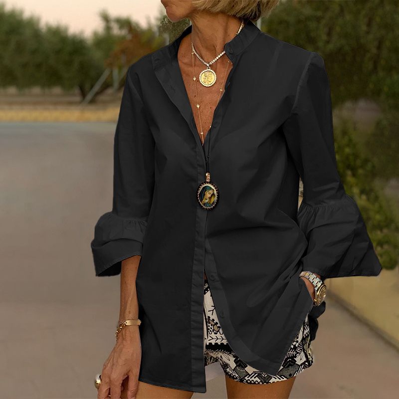 BerryBetty - White Shirts Summer Women Solid Flare Sleeve Shirts Spring Blouse Sexy V Neck Button Up Office Shirt Femininas Blusas