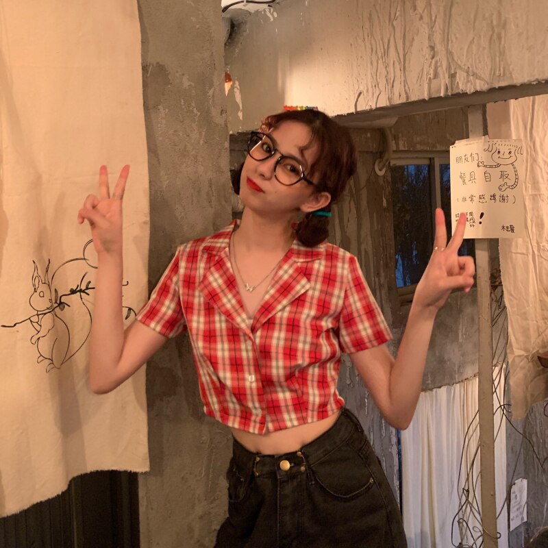 BerryBetty - Summer blouse women vintage crop shirt streetwear plaid ladies tops elegant button up shirt korean crop top red