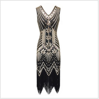 BerryBetty - 1920s Vintage Flapper Great Gatsby Party Dress V-Neck Sleeveless Sequin Beaded style Style Tassel Flapper Vestidos Feminina 1920