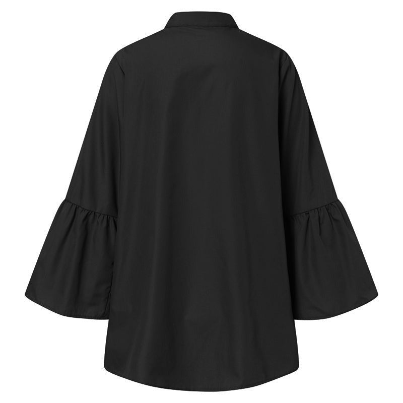 BerryBetty - White Shirts Summer Women Solid Flare Sleeve Shirts Spring Blouse Sexy V Neck Button Up Office Shirt Femininas Blusas