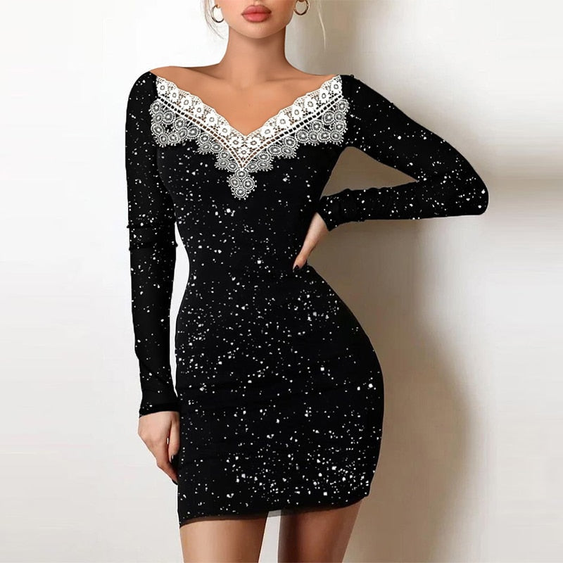 BerryBetty - Spring Off Shoulder Splicing Lace Dress Sexy Slim-Fit Bright Silk Bag Hip Black Dress Fashion Elegant Women New Mini Party Dress