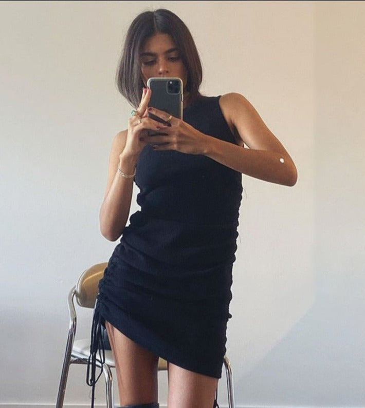 BerryBetty - Cotton Ruched Drawstring Sexy Party Dress Women Sleeveless Elastic Mini Dress Vintage Summer Bodycon Club Wear Vestidos