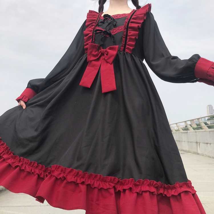 BerryBetty - Japanese Harajuku Gothic Bandage Bow Splice Dress Sweet Lolita Girl Cosplay Dress Kawaii Ruffles Bow Women Party Dress
