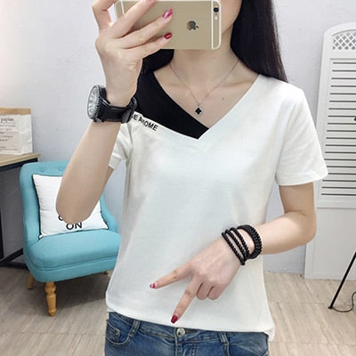 BerryBetty - Fake Two Piece Tops Women T-Shirt Off Shoulder Tshirt Short Sleeve V-Neck Korea Fashion Summer Cotton Tee Shirt Femme