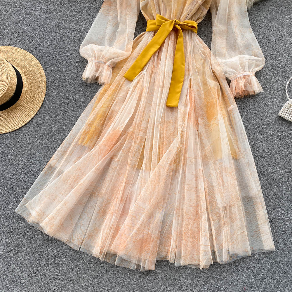 BerryBetty - Elegant Women Mesh Dress Vintage Lantern Sleeves Printed Party Dresses Spring Summer Patchwork A Line Bandage Beach Dress