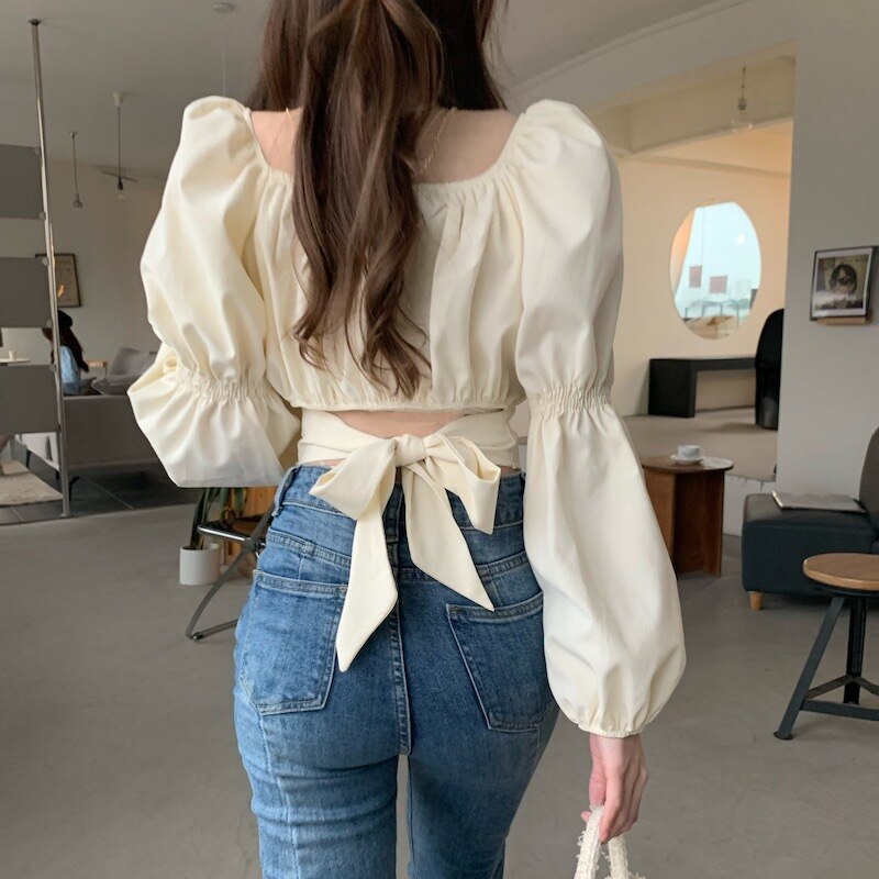 BerryBetty - Elegant Blouse Women Spring Summer 2024 New French Style Square Collar Puff Sleeve Chic Shirts Ladies Casual Crop Top
