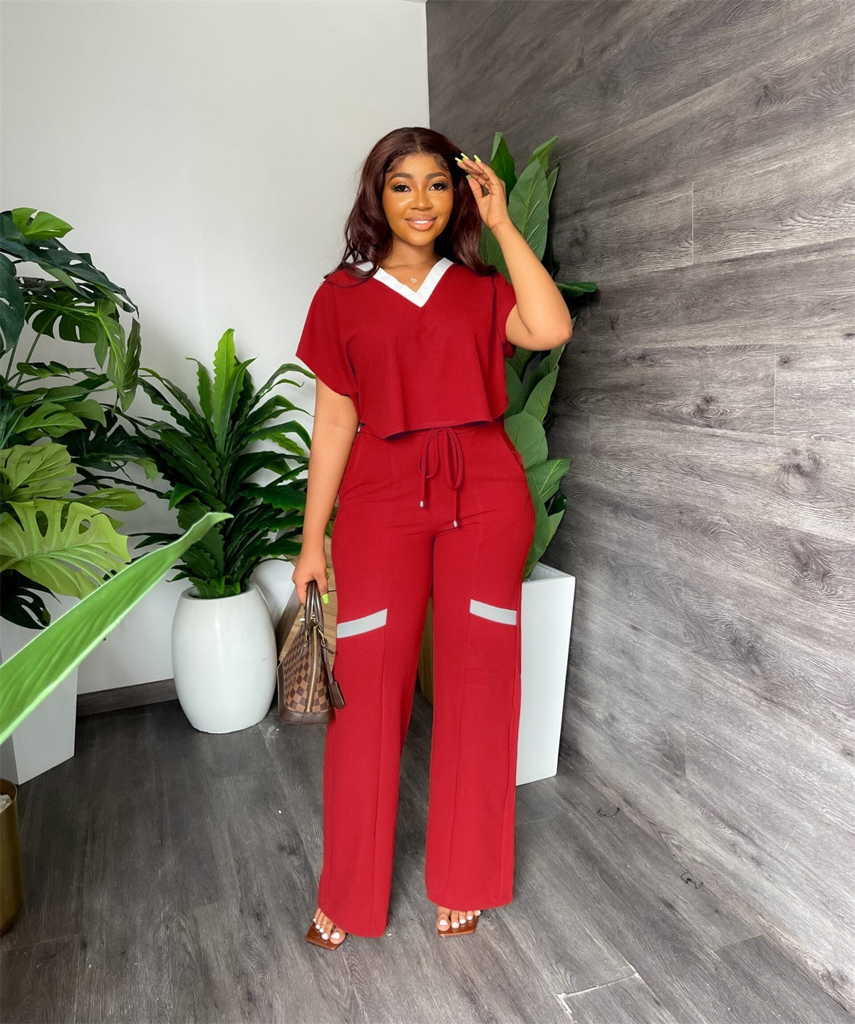 BerryBetty - Summer Fashion Casual Two Piece Set Women V Neck Short-sleeved T-shirt Elastic Straight Pants Two Piece Suit Women