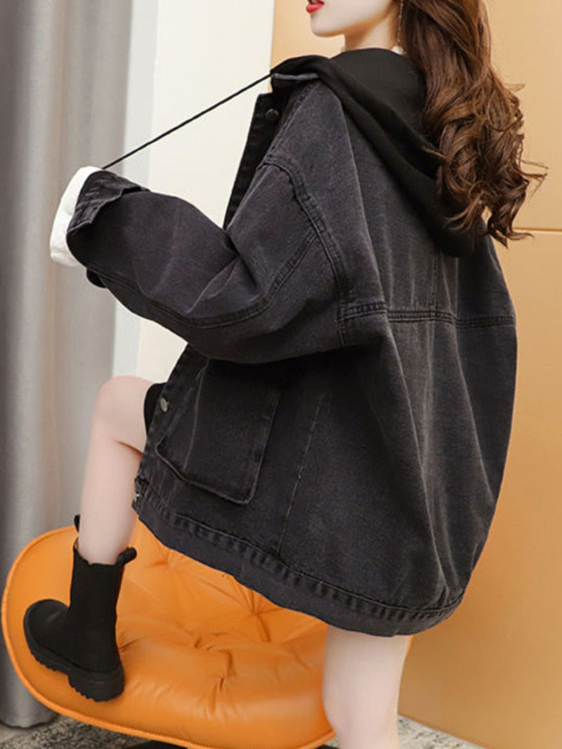 BerryBetty - Streetwear Black Denim Jackets Women Korean Fashion Patchwork Hooded Spring Jacket Casual Chaquetas Veste En Jeans Pour Femme