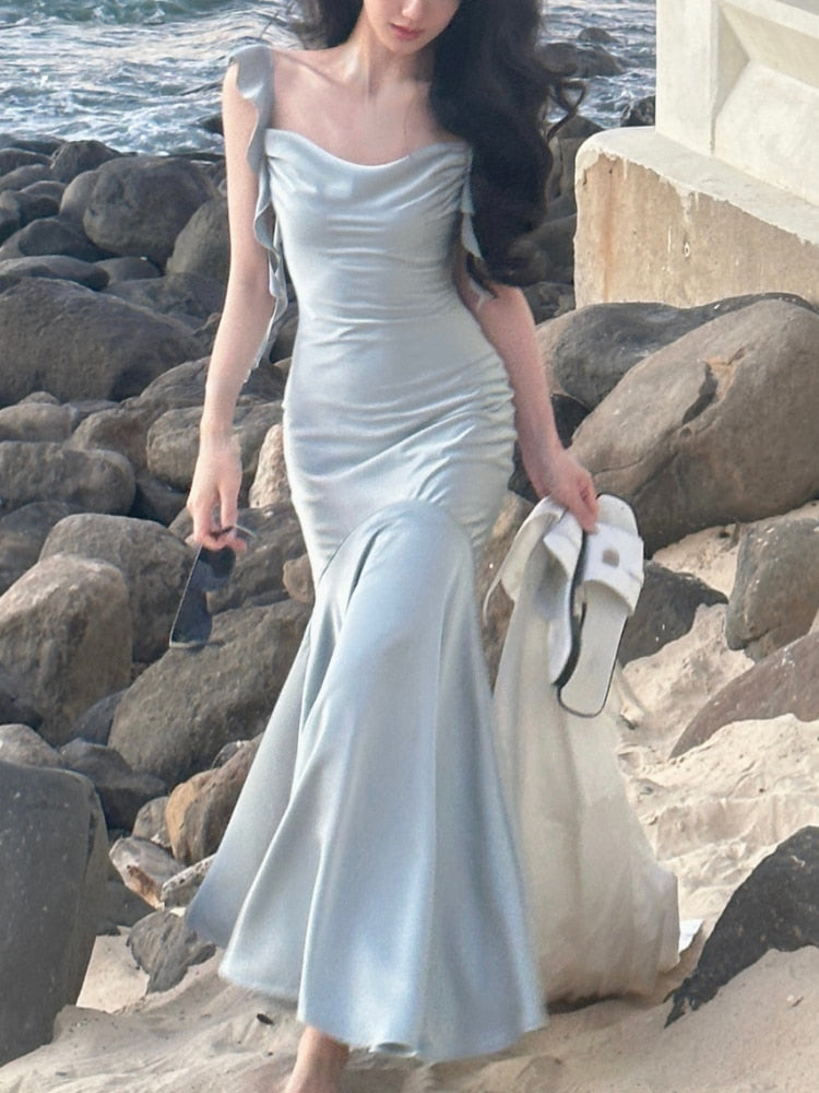 BerryBetty - 2024 Summer Elegant Satin Strap Midi Dress Women Vintage Casual Even Party Dress Pure Color One Piece Dress Korean Fashion Chic