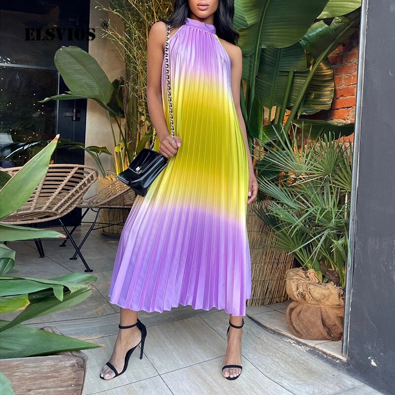 BerryBetty - 2024 Fashion Women O Neck Long Dress Spring/Summer Casual Sleeveless Boho Pleated Dresses Lady Elegant Loose Beach Party Dresses