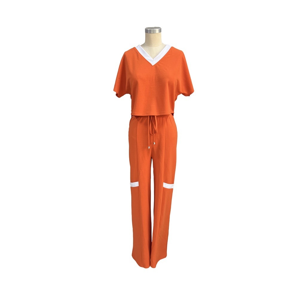 BerryBetty - Summer Fashion Casual Two Piece Set Women V Neck Short-sleeved T-shirt Elastic Straight Pants Two Piece Suit Women