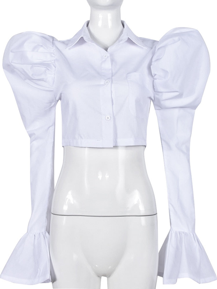 BerryBetty - 2024 Summer New Fashion Women's Shirt Solid Slim Turn-down Collar Puff Sleeve Single Breasted Blouse Female Tide