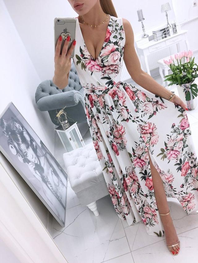 BerryBetty - Sexy Long Evening Dress Elegant Dress For Women V-neck Side Split Party Dresses Female Summer Fashion Casual Club Ladies Clothes