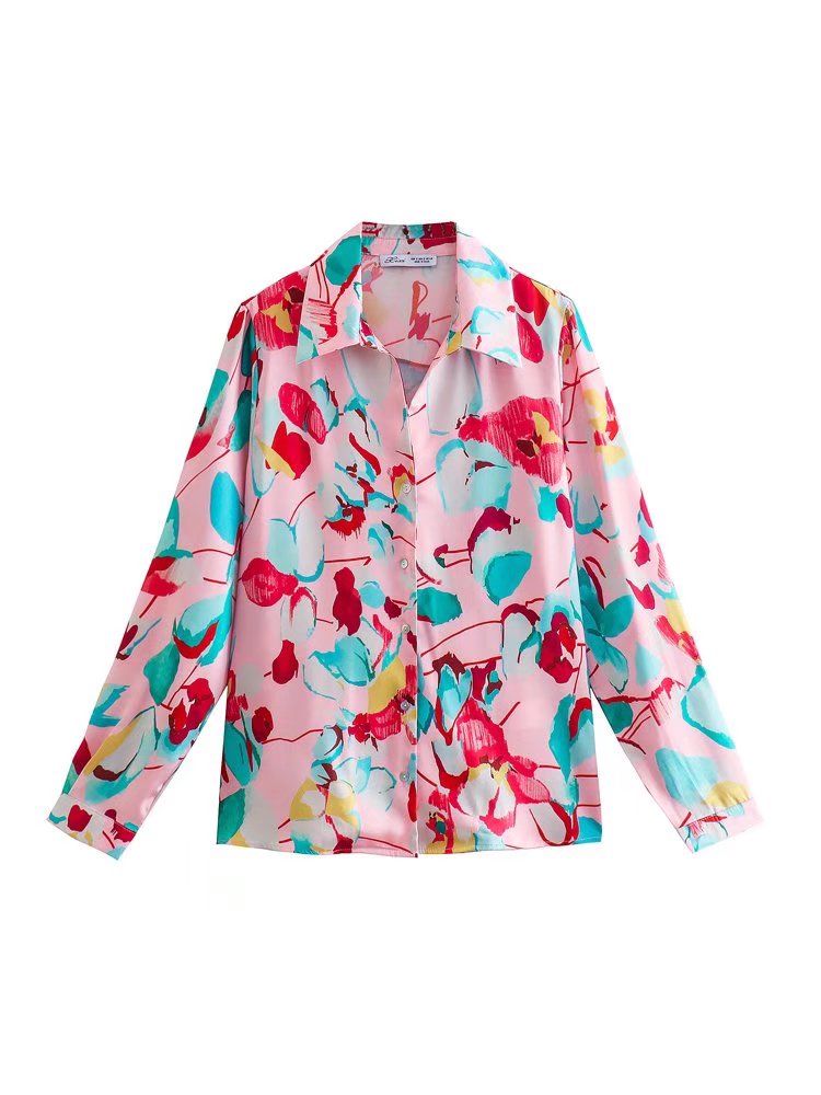 BerryBetty - Women Vintage Contrast Color Print Single Breasted Blouse Female Casual Satin Long Sleeve Thin Shirts Ladies Chic Tops