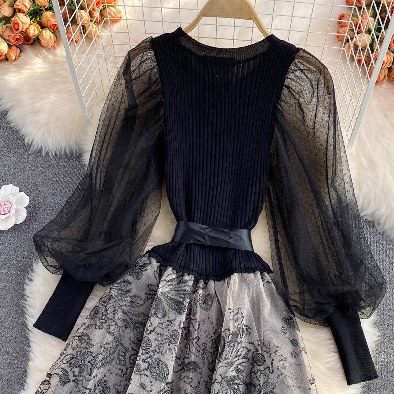 BerryBetty - Elegant Mesh Knitted Stitching Dress Women Vintage Puff Sleeve Round Neck A Line Party Dresses Ladies Bandage Printing Dress