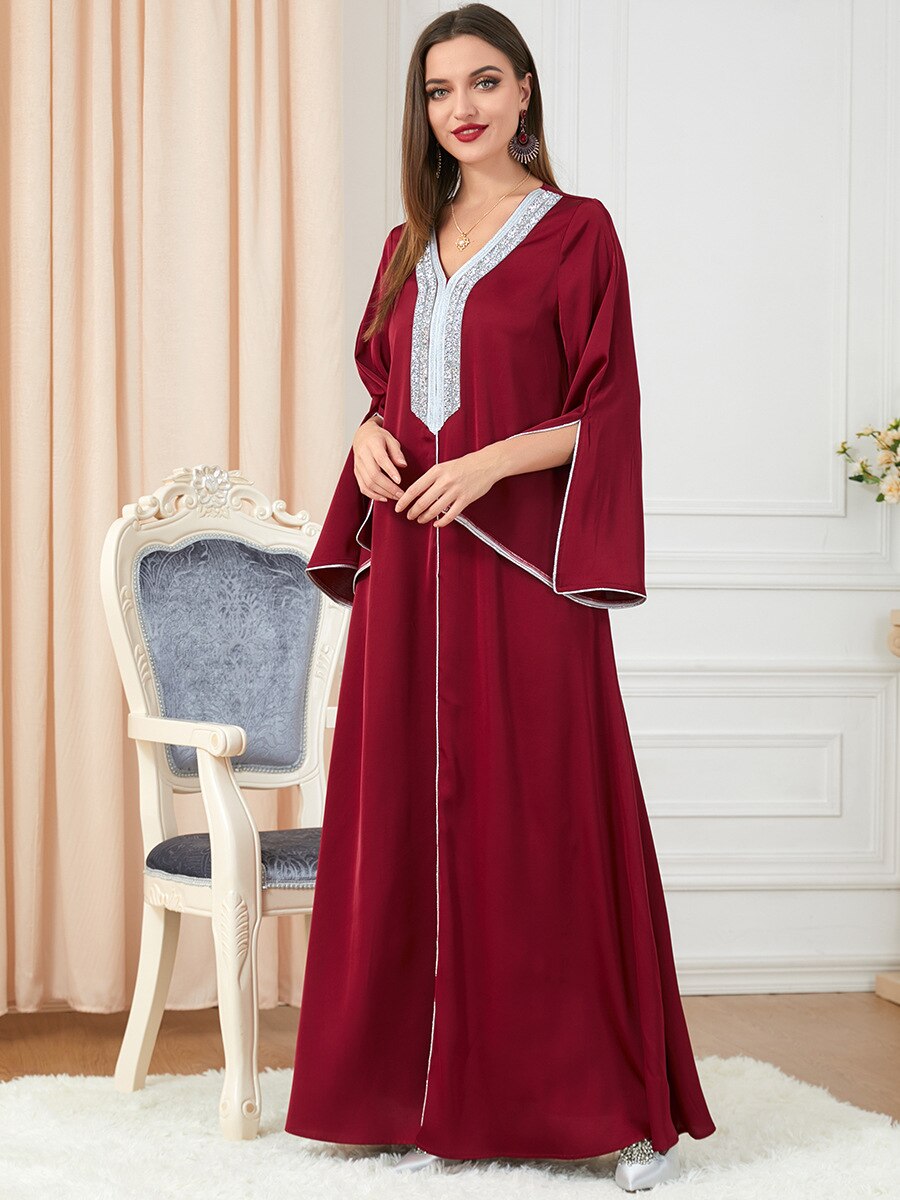 BerryBetty - Party Dress Muslim Women Abaya Prayer Caftan V Neck Diamond Maxi Dresses Robe India Abayas Dubai Longue Vestidos Largos