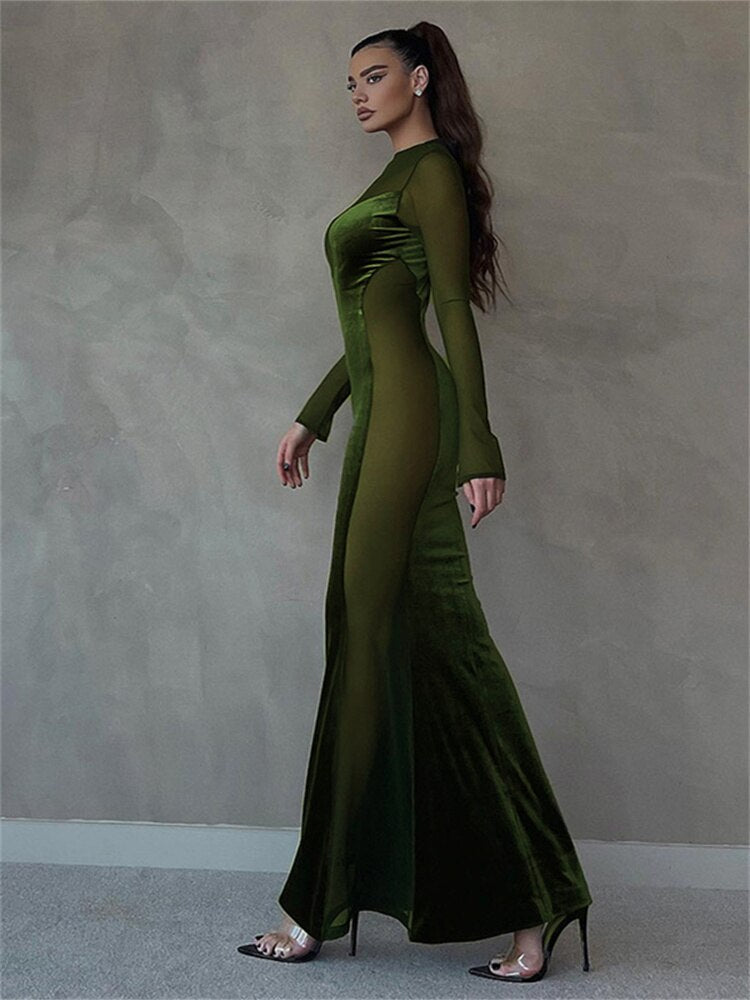 BerryBetty - Womens Fall Fashion Mesh Patchwork O Neck Long Sleeve Maxi Dress Women Autumn Winter Elegant Sexy See Through Party Dresses Club Outfits