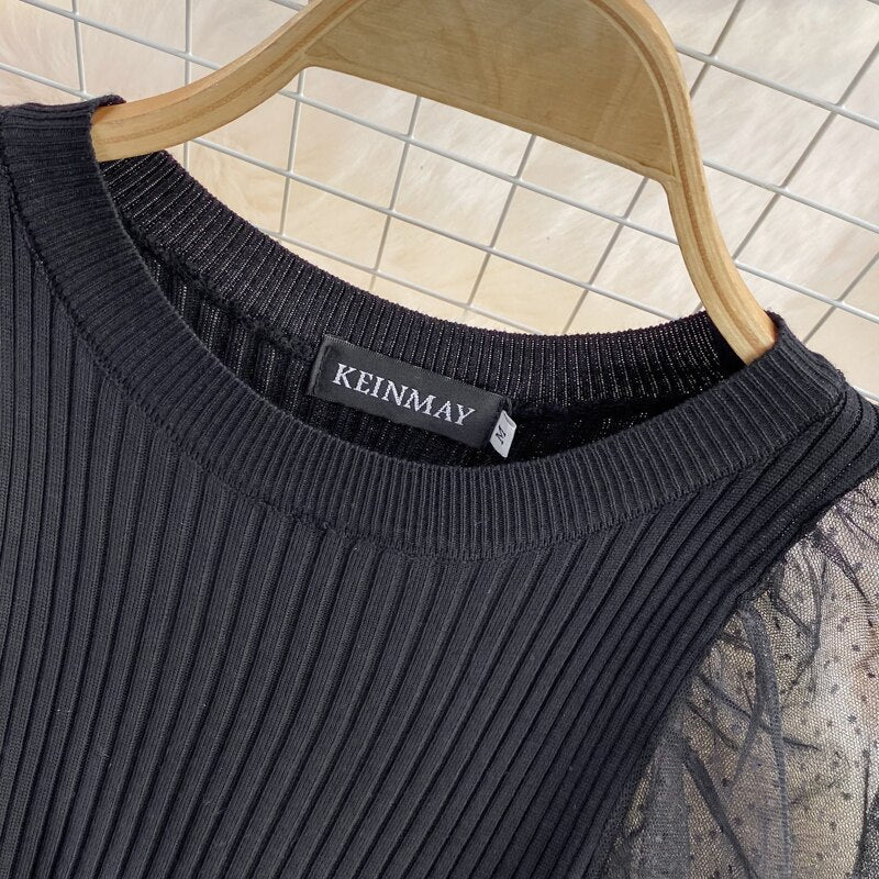 BerryBetty - Elegant Mesh Knitted Stitching Dress Women Vintage Puff Sleeve Round Neck A Line Party Dresses Ladies Bandage Printing Dress