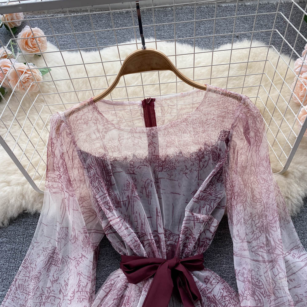 BerryBetty - Elegant Women Mesh Dress Vintage Lantern Sleeves Printed Party Dresses Spring Summer Patchwork A Line Bandage Beach Dress