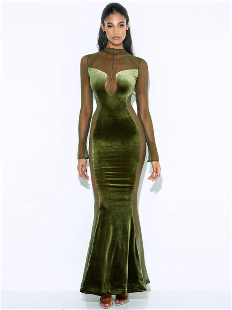 BerryBetty - Womens Fall Fashion Mesh Patchwork O Neck Long Sleeve Maxi Dress Women Autumn Winter Elegant Sexy See Through Party Dresses Club Outfits