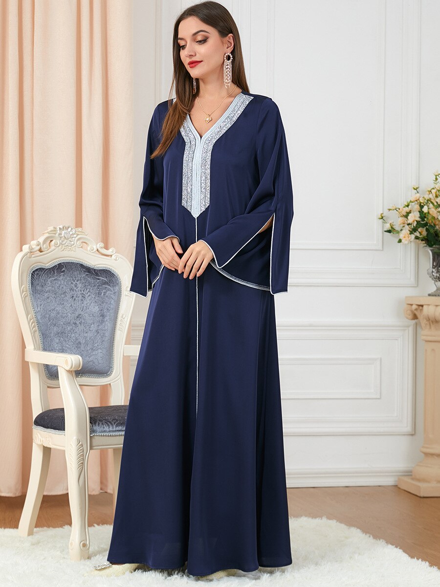 BerryBetty - Party Dress Muslim Women Abaya Prayer Caftan V Neck Diamond Maxi Dresses Robe India Abayas Dubai Longue Vestidos Largos