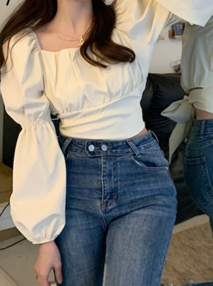 BerryBetty - Elegant Blouse Women Spring Summer 2024 New French Style Square Collar Puff Sleeve Chic Shirts Ladies Casual Crop Top