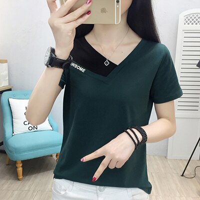 BerryBetty - Fake Two Piece Tops Women T-Shirt Off Shoulder Tshirt Short Sleeve V-Neck Korea Fashion Summer Cotton Tee Shirt Femme