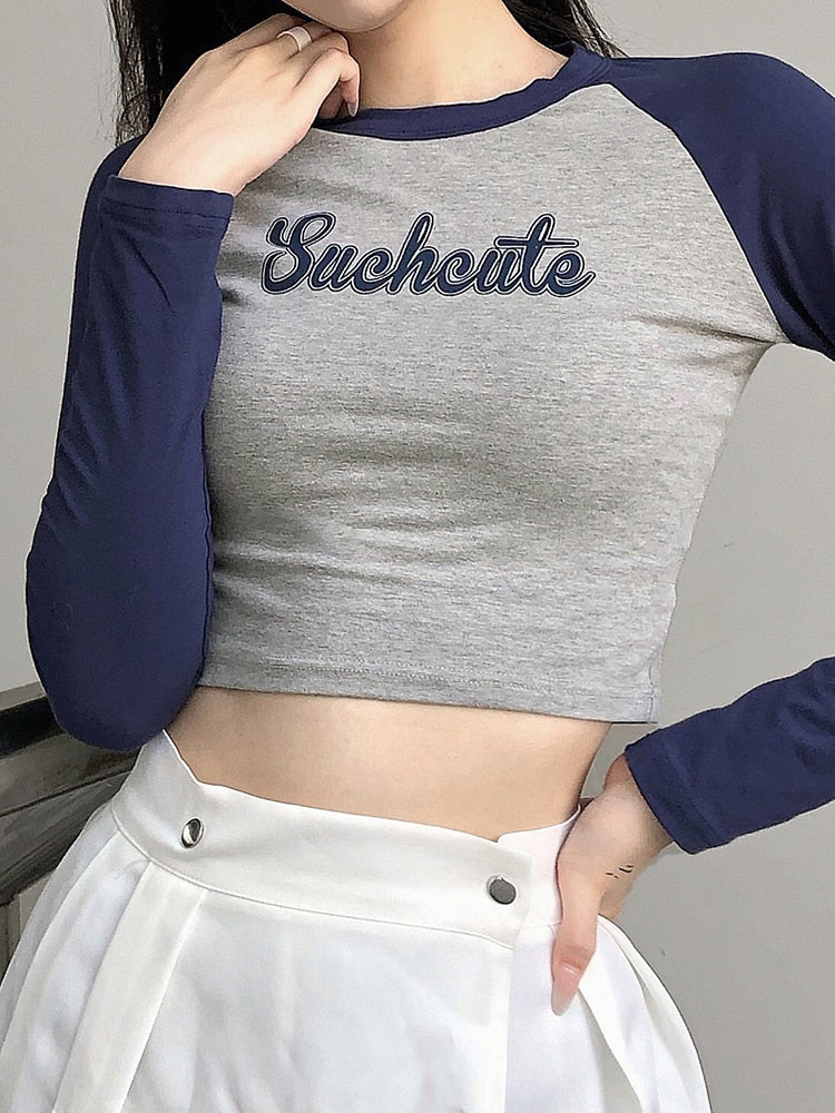 BerryBetty - Patchwork Letter Print Casual Cotton Tshirt Women Fashion Long Sleeve Cropped T-shirt Ladies Skinny Basic Streetwear