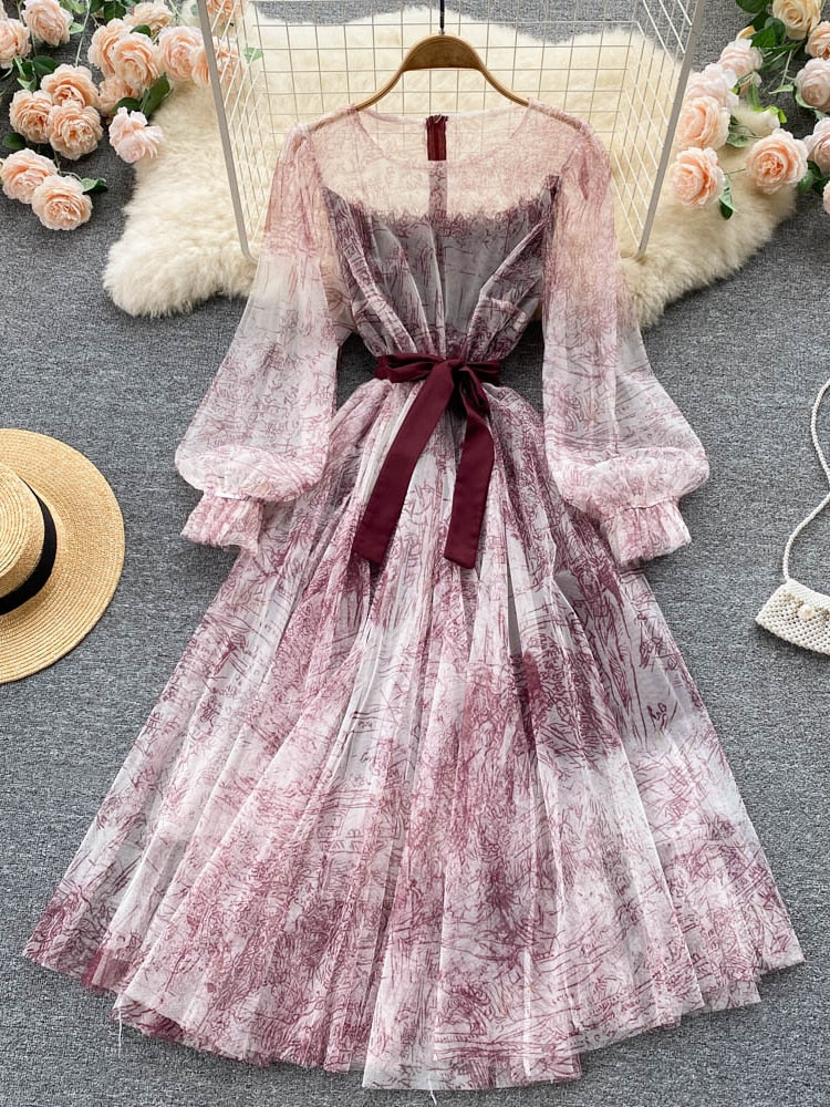 BerryBetty - Elegant Women Mesh Dress Vintage Lantern Sleeves Printed Party Dresses Spring Summer Patchwork A Line Bandage Beach Dress
