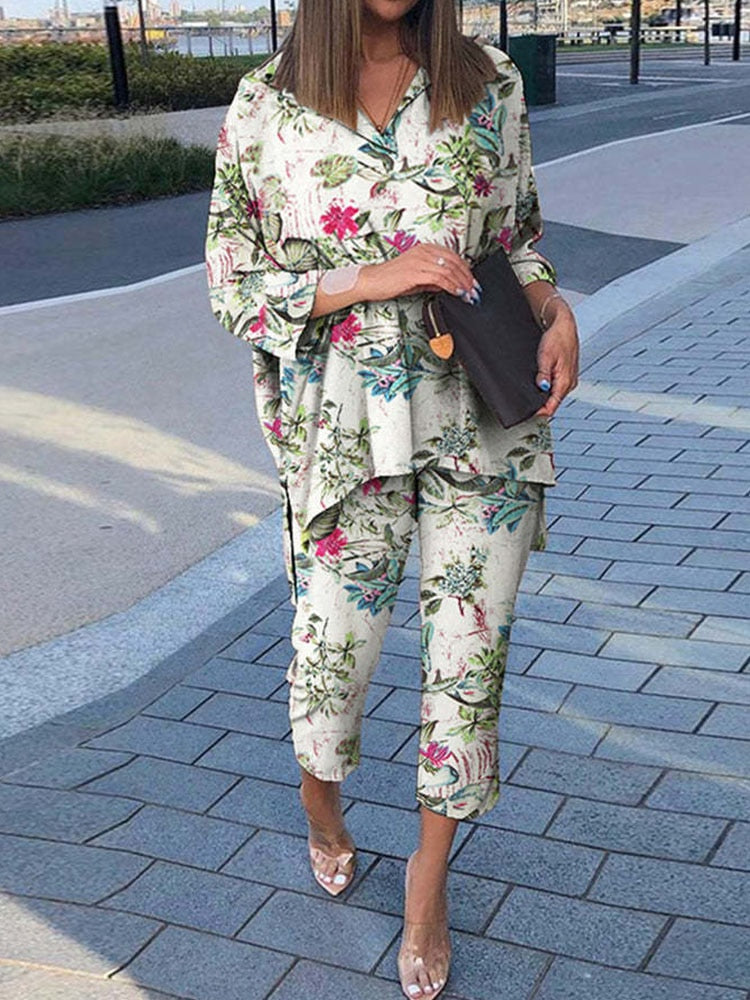 BerryBetty - Summer Outfits Vintage Floral Print Casual Outfits Women Summer Long Sleeve Blouse And Pants Sets Cotton Linen Female Elegant Two Piece Suits