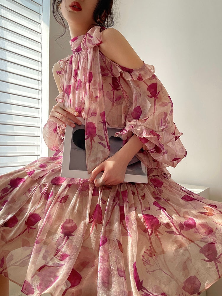 BerryBetty - Floral Mini Dress Beach Style Woman Boho Long Sleeve Short Party Dress Casual Elegant Korean Fashion Dress Female