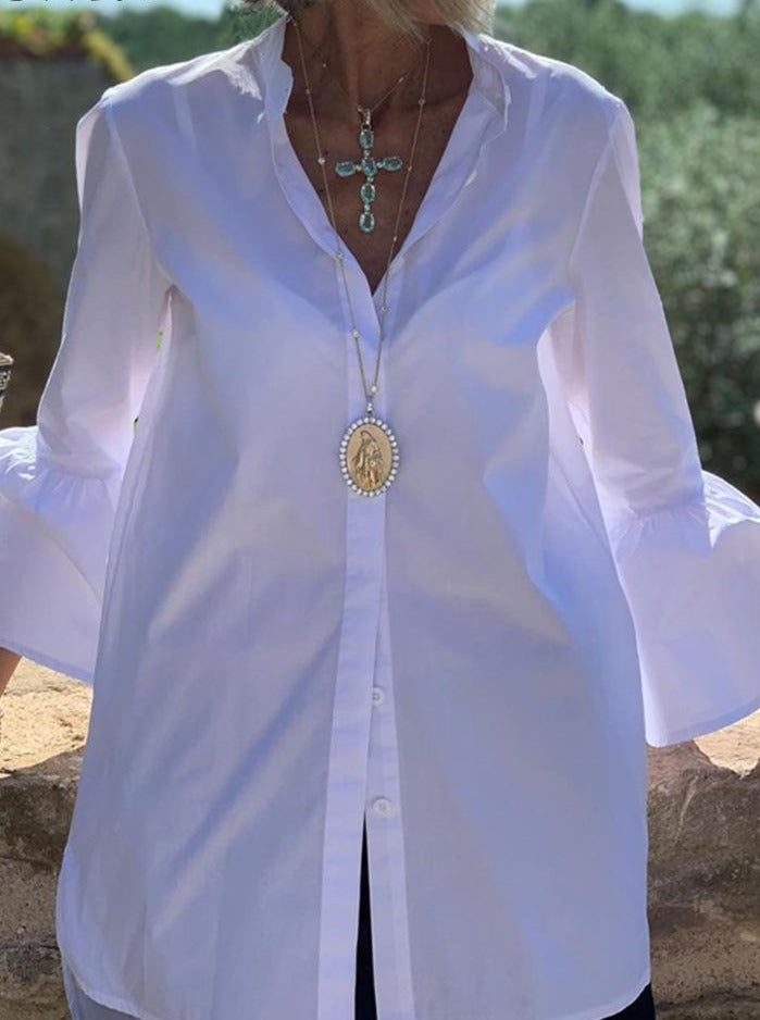 BerryBetty - White Shirts Summer Women Solid Flare Sleeve Shirts Spring Blouse Sexy V Neck Button Up Office Shirt Femininas Blusas