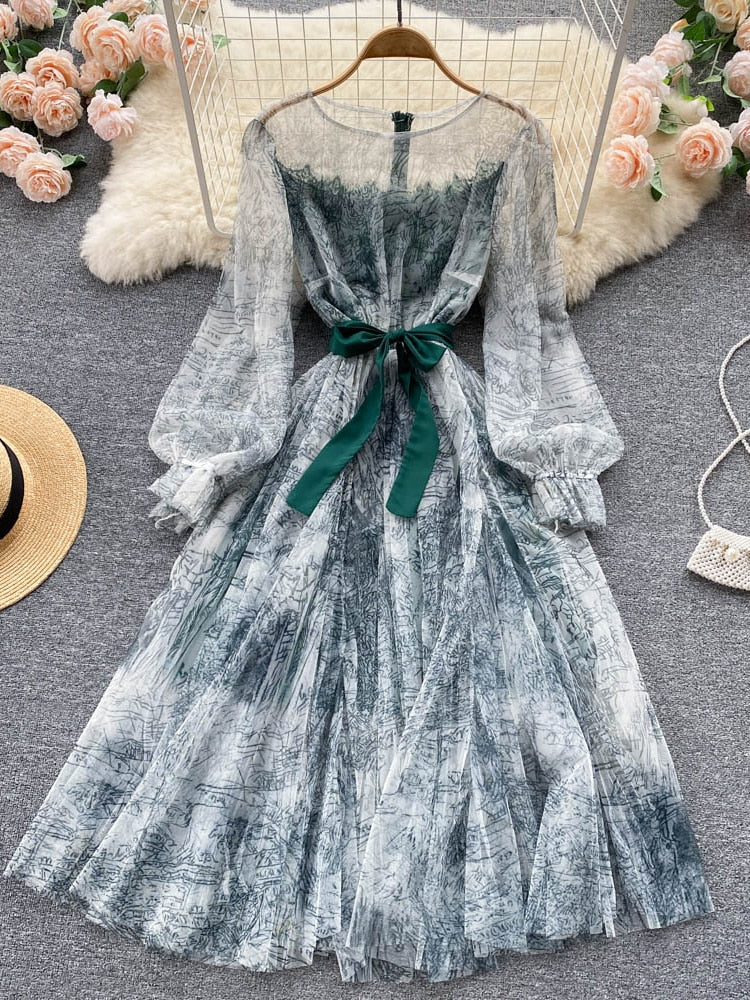BerryBetty - Elegant Women Mesh Dress Vintage Lantern Sleeves Printed Party Dresses Spring Summer Patchwork A Line Bandage Beach Dress