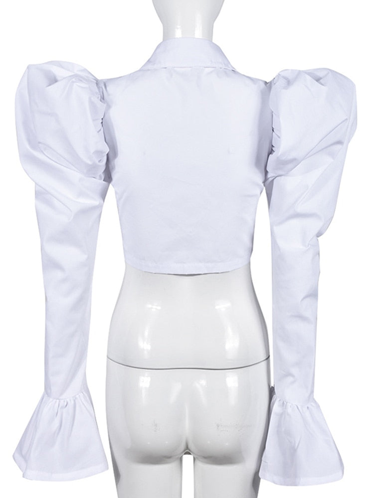 BerryBetty - 2024 Summer New Fashion Women's Shirt Solid Slim Turn-down Collar Puff Sleeve Single Breasted Blouse Female Tide