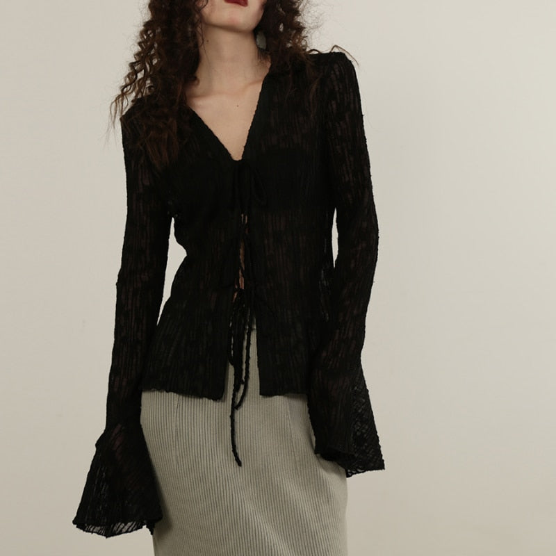 BerryBetty - Sexy Transparent Blouse Women Lace Korean Fashion Harajuku Long Sleeve See Through Black Goth Slim Shirts Y2k Aesthetic
