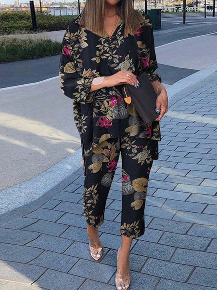BerryBetty - Summer Outfits Vintage Floral Print Casual Outfits Women Summer Long Sleeve Blouse And Pants Sets Cotton Linen Female Elegant Two Piece Suits