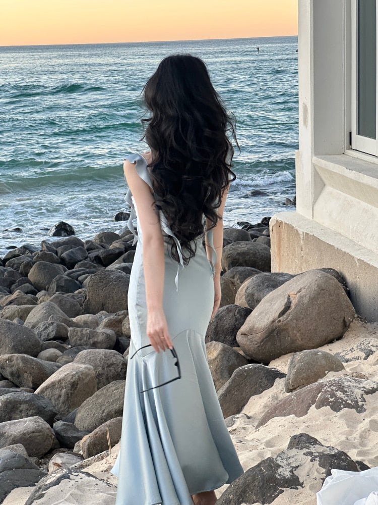 BerryBetty - 2024 Summer Elegant Satin Strap Midi Dress Women Vintage Casual Even Party Dress Pure Color One Piece Dress Korean Fashion Chic