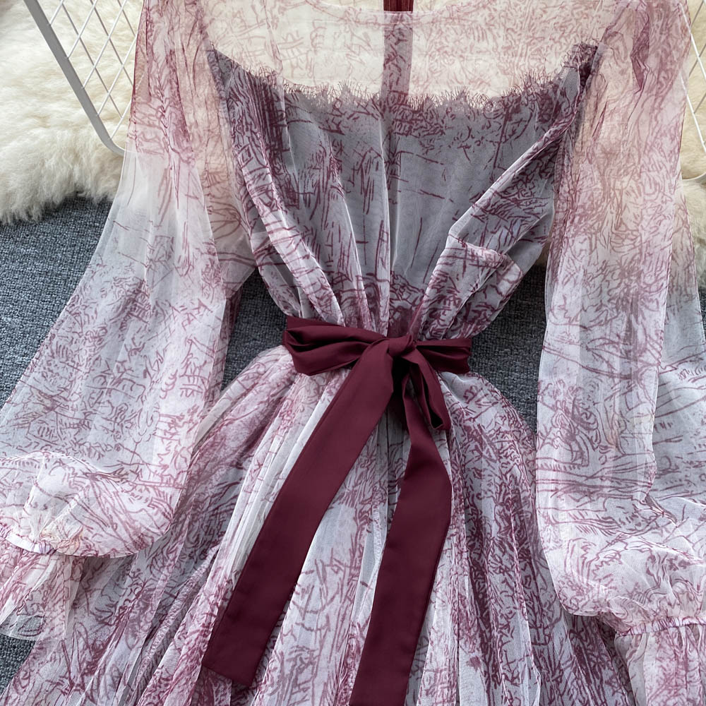 BerryBetty - Elegant Women Mesh Dress Vintage Lantern Sleeves Printed Party Dresses Spring Summer Patchwork A Line Bandage Beach Dress