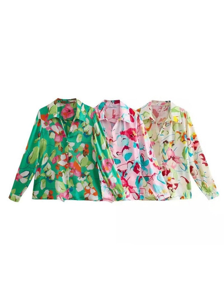 BerryBetty - Women Vintage Contrast Color Print Single Breasted Blouse Female Casual Satin Long Sleeve Thin Shirts Ladies Chic Tops